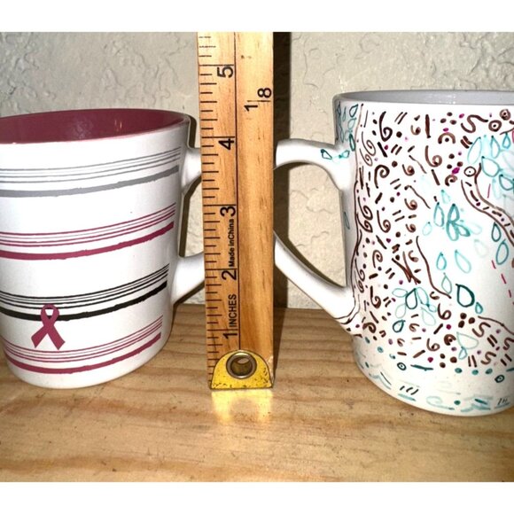 Ceramic Coffee Mug Set With Pink Ribbon & Abstract Design - Picture 3 of 4